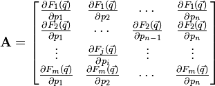 \mathbf{A} = 
\begin{bmatrix}
\frac{\partial F_1(\vec{q})}{\partial p_1} & \frac{\partial F_1(\vec{q})}{\partial p_2} & \cdots & \frac{\partial F_1(\vec{q})}{\partial p_n} \\
\frac{\partial F_2(\vec{q})}{\partial p_1} & \cdots &  \frac{\partial F_2(\vec{q})}{\partial p_{n-1}} & \frac{\partial F_2(\vec{q})}{\partial p_n} \\
\vdots	&  \frac{\partial F_j(\vec{q})}{\partial p_i} & \vdots & \vdots \\
\frac{\partial F_m(\vec{q})}{\partial p_1} & \frac{\partial F_m(\vec{q})}{\partial p_2} & \cdots & \frac{\partial F_m(\vec{q})}{\partial p_n} \\
\end{bmatrix}\!