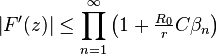 \left| F'(z) \right|\le \prod_{n=1}^{\infty } {\left( 1+\tfrac{R_0}{r}C\beta_n \right)}