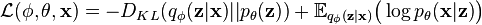 \mathcal{L}(\mathbf{\phi},\mathbf{\theta},\mathbf{x})=-D_{KL}(q_{\phi}(\mathbf{z}|\mathbf{x})||p_{\theta}(\mathbf{z}))+\mathbb{E}_{q_{\phi}(\mathbf{z}|\mathbf{x})}\big(\log p_{\theta}(\mathbf{x}|\mathbf{z})\big)