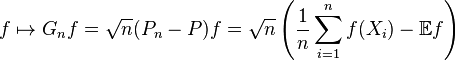 f\mapsto G_n f=\sqrt{n}(P_n-P)f=\sqrt{n}\left(\frac{1}{n}\sum_{i=1}^n f(X_i)-\mathbb{E}f\right)