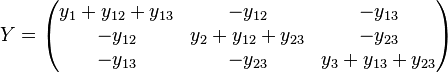 
Y = \begin{pmatrix}
  y_{1} + y_{12} + y_{13} & - y_{12} & - y_{13} \\
  -y_{12} & y_{2} + y_{12} + y_{23} & - y_{23} \\
  -y_{13} & - y_{23} & y_{3} + y_{13} + y_{23} \\
\end{pmatrix}
