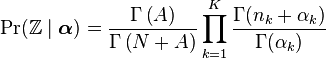 \Pr(\mathbb{Z}\mid\boldsymbol{\alpha})=\frac{\Gamma\left(A\right)}
{\Gamma\left(N+A\right)}\prod_{k=1}^K\frac{\Gamma(n_{k}+\alpha_{k})}{\Gamma(\alpha_{k})}