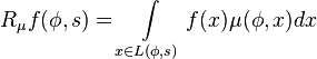  R_{\mu}f(\phi, s) = \int\limits_{x \in L(\phi, s)} f(x)\mu(\phi,x)dx 