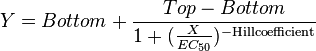 Y = Bottom + \frac{Top - Bottom}{1 + (\frac{X}{EC_{50}})^{\mathrm{-Hill coefficient}} }