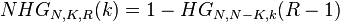 NHG_{N,K,R}(k) = 1-HG_{N,N-K,k}(R-1)