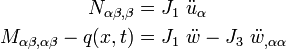 
   \begin{align}
     N_{\alpha\beta,\beta} & = J_1~\ddot{u}_\alpha \\
     M_{\alpha\beta,\alpha\beta} - q(x,t) & = J_1~\ddot{w} - J_3~\ddot{w}_{,\alpha\alpha}
   \end{align}
