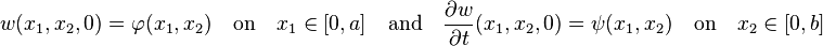 
   w(x_1,x_2,0) = \varphi(x_1,x_2) \quad \text{on} \quad x_1 \in [0,a] \quad \text{and} \quad
   \frac{\partial w}{\partial t}(x_1,x_2,0) = \psi(x_1,x_2)\quad \text{on} \quad x_2 \in [0,b]
