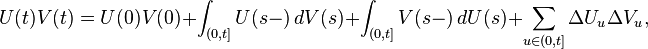 U(t)V(t)=U(0)V(0)+\int _{(0,t]}U(s-)\,dV(s)+\int _{(0,t]}V(s-)\,dU(s)+\sum _{u\in (0,t]}\Delta U_{u}\Delta V_{u},