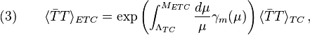 (3)\qquad \langle \bar T T\rangle_{ETC} = \exp{\left(\int_{\Lambda_{TC}}^{M_{ETC}} \frac{d\mu}{\mu}\gamma_m(\mu)\right)}\,\langle \bar T T\rangle_{TC}\,,