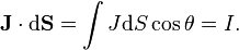 \mathbf J \cdot\mathrm{d}\mathbf S = \int J \mathrm{d}S \cos\theta = I.