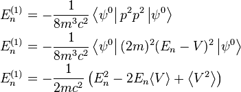 \begin{align}
  E_n^{(1)} &= -\frac{1}{8m^3 c^2}\left\langle\psi^0\right\vert p^2 p^2 \left\vert\psi^{0}\right\rangle \\
  E_n^{(1)} &= -\frac{1}{8m^3 c^2}\left\langle\psi^0\right\vert (2m)^2 (E_n - V)^2\left\vert\psi^0\right\rangle \\
  E_n^{(1)} &= -\frac{1}{2mc^2}\left(E_n^2 - 2E_n\langle V\rangle + \left\langle V^2\right\rangle \right)
\end{align}