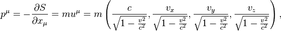 p^\mu = -\frac{\partial S}{\partial x_\mu} = mu^\mu  = m\left(\frac{c}{\sqrt{1-\frac{v^2}{c^2}}}, \frac{v_x}{\sqrt{1-\frac{v^2}{c^2}}}, \frac{v_y}{\sqrt{1-\frac{v^2}{c^2}}}, \frac{v_z}{\sqrt{1-\frac{v^2}{c^2}}}\right),