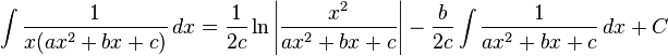 \int\frac{1}{x(ax^2+bx+c)} \, dx= \frac{1}{2c}\ln\left|\frac{x^2}{ax^2+bx+c}\right|-\frac{b}{2c}\int\frac{1}{ax^2+bx+c} \, dx + C