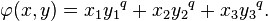 \varphi(x, y) = x_1 y_1{}^q + x_2 y_2{}^q + x_3 y_3{}^q.