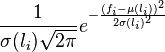 
        \frac{1}{\sigma(l_i) \sqrt{2\pi} } e^{ -\frac{(f_i-\mu(l_i))^2}{2\sigma(l_i)^2} }
    