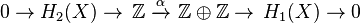  0 \rightarrow H_{2}(X) \rightarrow\, \mathbb{Z}\ \xrightarrow{\alpha} \ \mathbb{Z} \oplus \mathbb{Z} \rightarrow \, H_1(X) \rightarrow 0 \! 