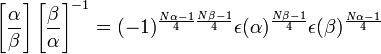 \left[\frac{\alpha}{\beta}\right]\left[\frac{\beta}{\alpha}\right]^{-1}=
(-1)^{\frac{N\alpha-1}{4}\frac{N\beta-1}{4}}\epsilon(\alpha)^\frac{N\beta-1}{4}\epsilon(\beta)^\frac{N\alpha-1}{4}

