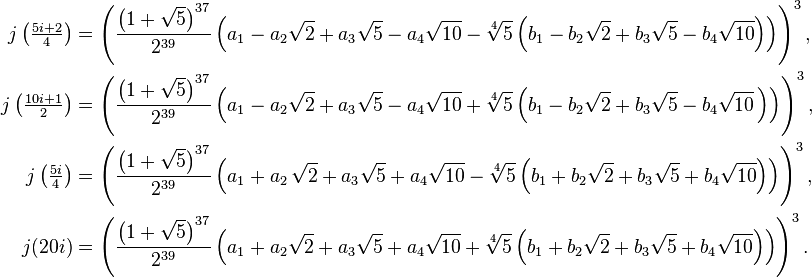 \begin{align}
j \left( \tfrac{5 i + 2}{4} \right) &= \left ( \frac{\left( 1 + \sqrt{5}\right)^{37}}{2^{39}} \left ( a_1-  a_2 \sqrt{2} + a_3 \sqrt{5} - a_4 \sqrt{10} -\sqrt[4]{5} \left(b_1 - b_2 \sqrt{2} + b_3 \sqrt{5} - b_4 \sqrt{10} \right) \right) \right)^3,\\

j \left( \tfrac{10i + 1}{2} \right) &= \left ( \frac{\left( 1 + \sqrt{5} \right)^{37}}{2^{39}} \left (a_1- a_2 \sqrt{2} + a_3 \sqrt{5} - a_4 \sqrt{10} + \sqrt[4]{5} \left( b_1- b_2\sqrt{2} + b_3\sqrt{5} - b_4\sqrt{10} \, \right) \right) \right)^3,\\

j \left( \tfrac{5 i}{4} \right) &= \left( \frac{\left( 1 + \sqrt{5} \right)^{37}}{2^{39}} \left (a_1+ a_2\, \sqrt{2} + a_3 \sqrt{5} + a_4 \sqrt{10} - \sqrt[4]{5} \left( b_1+ b_2 \sqrt{2} + b_3 \sqrt{5} + b_4 \sqrt{10} \right) \right) \right)^3,\\

j(20i) &= \left ( \frac{\left( 1 + \sqrt{5} \right)^{37}}{2^{39}} \left ( a_1+ a_2 \sqrt{2} + a_3 \sqrt{5} + a_4 \sqrt{10} + \sqrt[4]{5} \left( b_1+ b_2 \sqrt{2} + b_3 \sqrt{5} + b_4 \sqrt{10} \right) \right) \right)^3.
\end{align}