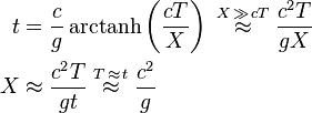 \begin{align}
  t &= \frac{c}{g} \operatorname{arctanh}\left (\frac{c T}{X}\right) \;\overset {X \,\gg\, cT}\approx\; \frac{c^2 T}{g X}\\
  X &\approx \frac{c^2 T}{g t} \;\overset{T \,\approx\, t}\approx\; \frac{c^2 }{g}
\end{align}