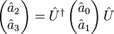 
\left(\begin{matrix}
\hat{a}_{2}\\
\hat{a}_{3}
\end{matrix}\right)=\hat{U}^{\dagger}\left(\begin{matrix}
\hat{a}_{0}\\
\hat{a}_{1}
\end{matrix}\right)\hat{U}
