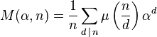  M(\alpha,n) = {1\over n}\sum_{d\,|\,n}\mu\left({n \over d}\right)\alpha^d 