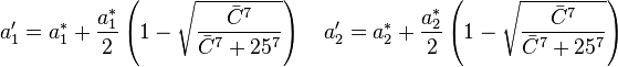 
  a_1^\prime = a_1^* + \frac{a_1^*}{2} \left( 1 - \sqrt{\frac{\bar{C}^7}{\bar{C}^7 + 25^7}} \right) \quad
  a_2^\prime = a_2^* + \frac{a_2^*}{2} \left( 1 - \sqrt{\frac{\bar{C}^7}{\bar{C}^7 + 25^7}} \right)
