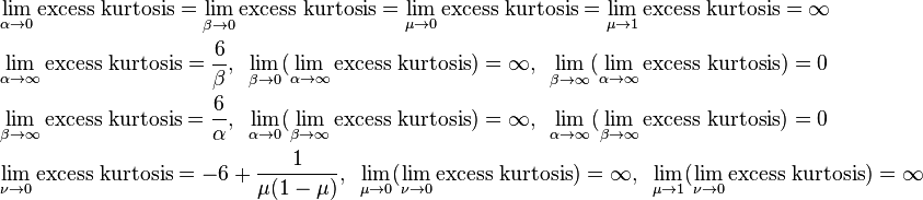  \begin{align} 
&\lim_{\alpha\to  0}\text{excess kurtosis}  =\lim_{\beta \to  0} \text{excess kurtosis}  = \lim_{\mu \to  0}\text{excess kurtosis}  = \lim_{\mu \to  1}\text{excess kurtosis}  =\infty\\
&\lim_{\alpha \to  \infty}\text{excess kurtosis}  = \frac{6}{\beta},\text{    }  \lim_{\beta \to  0}(\lim_{\alpha\to  \infty} \text{excess kurtosis})  = \infty,\text{    }  \lim_{\beta \to  \infty}(\lim_{\alpha\to  \infty} \text{excess kurtosis})  = 0\\
&\lim_{\beta \to  \infty}\text{excess kurtosis}  = \frac{6}{\alpha},\text{    }  \lim_{\alpha \to  0}(\lim_{\beta \to  \infty} \text{excess kurtosis})  = \infty,\text{    }  \lim_{\alpha \to  \infty}(\lim_{\beta \to  \infty} \text{excess kurtosis})  = 0\\
&\lim_{\nu \to  0} \text{excess kurtosis}  = - 6 + \frac{1}{\mu (1 - \mu)},\text{    }  \lim_{\mu \to  0}(\lim_{\nu \to  0} \text{excess kurtosis})  = \infty,\text{    }  \lim_{\mu \to  1}(\lim_{\nu \to  0} \text{excess kurtosis})  = \infty
\end{align}