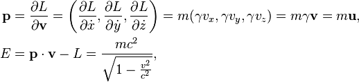  
\begin{align}
\mathbf p &= \frac{\partial L}{\partial \mathbf v} 
= \left({\partial L\over \partial \dot x},{\partial L\over\partial \dot y},{\partial L\over\partial \dot z}\right)
=  m(\gamma v_x,\gamma v_y,\gamma v_z) = m\gamma \mathbf v
=  m \mathbf u ,\\
E &= \mathbf p \cdot \mathbf v - L = \frac{mc^2}{\sqrt{1-\frac{v^2}{c^2}}},\end{align}