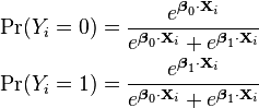 
\begin{align}
\Pr(Y_i=0) &= \frac{e^{\boldsymbol\beta_0 \cdot \mathbf{X}_i}}{e^{\boldsymbol\beta_0 \cdot \mathbf{X}_i} + e^{\boldsymbol\beta_1 \cdot \mathbf{X}_i}} \, \\
\Pr(Y_i=1) &= \frac{e^{\boldsymbol\beta_1 \cdot \mathbf{X}_i}}{e^{\boldsymbol\beta_0 \cdot \mathbf{X}_i} + e^{\boldsymbol\beta_1 \cdot \mathbf{X}_i}} \,
\end{align}
