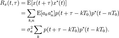 \begin{align}
R_x(t,\tau) &= \operatorname{E}[x(t+\tau)x^*(t)] \\
&= \sum_{k,n}\operatorname{E}[a_k a_n^*]p(t+\tau-kT_0)p^*(t-nT_0) \\
&= \sigma_a^2\sum_{k}p(t+\tau-kT_0)p^*(t-kT_0) .
\end{align}
