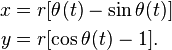 \begin{align}
  x &= r[\theta(t) - \sin \theta (t)] \\
  y &= r[\cos \theta (t) - 1].
\end{align}