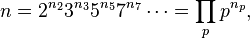 n=2^{n_2} 3^{n_3} 5^{n_5} 7^{n_7} \cdots = \prod_p p^{n_p},\;