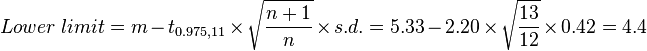  Lower~limit = m - t_{0.975,11} \times\sqrt{\frac{n+1}{n}}\times s.d. = 5.33 - 2.20\times\sqrt{\frac{13}{12}} \times 0.42 = 4.4