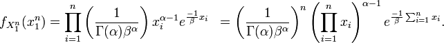 \begin{align}
f_{X_1^n}(x_1^n)
  &= \prod_{i=1}^n \left({1 \over \Gamma(\alpha) \beta^{\alpha}}\right) x_i^{\alpha -1} e^{{-1 \over \beta}x_i}
  &= \left({1 \over \Gamma(\alpha) \beta^{\alpha}}\right)^n \left(\prod_{i=1}^n x_i\right)^{\alpha-1} e^{{-1 \over \beta} \sum_{i=1}^n{x_i}}.
\end{align}