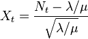 X_t = \frac{N_t - \lambda/\mu}{\sqrt{\lambda/\mu}}