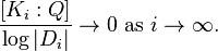  \frac{[K_i : Q]}{\log|D_i|} \to 0\text{ as }i \to\infty. 