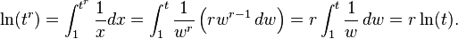 
\ln(t^r) = \int_1^{t^r} \frac{1}{x}dx = \int_1^t \frac{1}{w^r} \left(rw^{r - 1} \, dw\right) = r \int_1^t \frac{1}{w} \, dw = r \ln(t).
