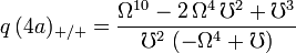 q\,{(4a)_{+/+}}=\frac{{\Omega }^{10} - 
    2\,{\Omega }^4\,
     {\mho }^2 + {\mho }^3}
    {{\mho }^2\,
    \left( -{\Omega }^4 + 
      \mho  \right) }