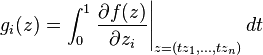 g_i(z) = \int_0^1 \left. \frac{\partial f(z)}{\partial z_i}\right|_{z=(t z_1, \ldots, t z_n)} dt