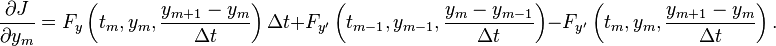 \frac{\partial J}{\partial y_m} = F_y\left(t_m, y_m, \frac{y_{m + 1} - y_m}{\Delta t}\right)\Delta t + F_{y'}\left(t_{m - 1}, y_{m - 1}, \frac{y_m - y_{m - 1}}{\Delta t}\right) - F_{y'}\left(t_m, y_m, \frac{y_{m + 1} - y_m}{\Delta t}\right).