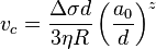 v_c = \frac{\Delta\sigma d}{3\eta R} \left (\frac{a_0}{d} \right)^z