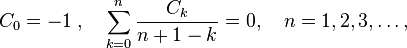 C_0 = -1\;,\quad \sum_{k=0}^n\frac{C_k}{n+1-k} = 0,\quad n=1,2,3,\ldots,