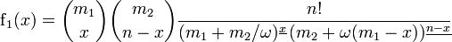 \operatorname{f}_1(x)=\binom{m_1}{x}\binom{m_2}{n-x} \frac{n!}{(m_1+m_2/\omega)^{\underline{x}}\, (m_2+\omega(m_1-x))^{\underline{n-x}}}