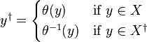 y^\dagger = 
\begin{cases}
  \theta(y) & \text{if } y \in X \\
  \theta^{-1}(y) & \text{if } y \in X^\dagger
\end{cases}