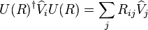  {U(R)}^\dagger \widehat{V}_i U(R) = \sum_j R_{ij} \widehat{V}_j 