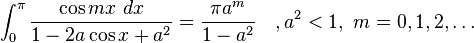 \int_0^{\pi} \frac{\cos mx\ dx}{1-2a\cos x +a^2}=\frac{\pi a^m}{1-a^2} \quad  , a^2<1, \ m=0,1,2,\dots