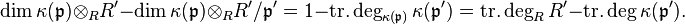 \dim \kappa(\mathfrak{p}) \otimes_R R' - \dim \kappa(\mathfrak{p}) \otimes_R R'/\mathfrak{p}' = 1 - \operatorname{tr.deg}_{\kappa(\mathfrak{p})} \kappa(\mathfrak{p}') = \operatorname{tr.deg}_R R' - \operatorname{tr.deg} \kappa(\mathfrak{p}').