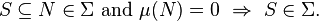 S \subseteq N \in \Sigma \mbox{ and } \mu(N) = 0\ \Rightarrow\ S \in \Sigma.