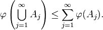  \varphi\left(\bigcup_{j=1}^\infty A_j\right) \leq \sum_{j=1}^\infty \varphi(A_j).