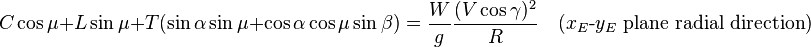  C\cos{\mu} + L\sin{\mu} + T(\sin{\alpha}\sin{\mu} + \cos{\alpha}\cos{\mu}\sin{\beta}) = \frac{W}{g}\frac{(V\cos{\gamma})^2}{R} \quad (x_E\text{-}y_E\text{ plane radial direction}) 